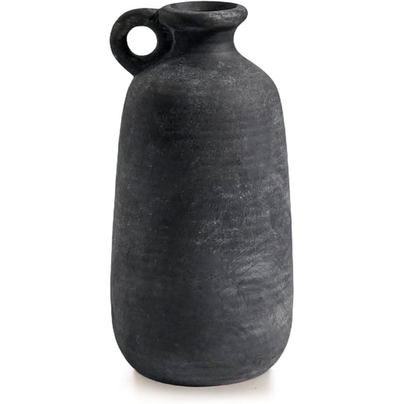 Rustic Farmhouse Vase with Handle, 10 inch Black Ceramic Flower Vase, Terracotta Clay Stone Pottery, Black Kitchen Decor, Entryway Shelf Living Room Table Decor