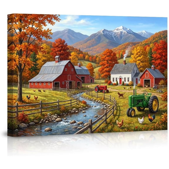 Rustic Farmhouse Wall Art Autumn Red Barn Landscape Vintage Country Decor