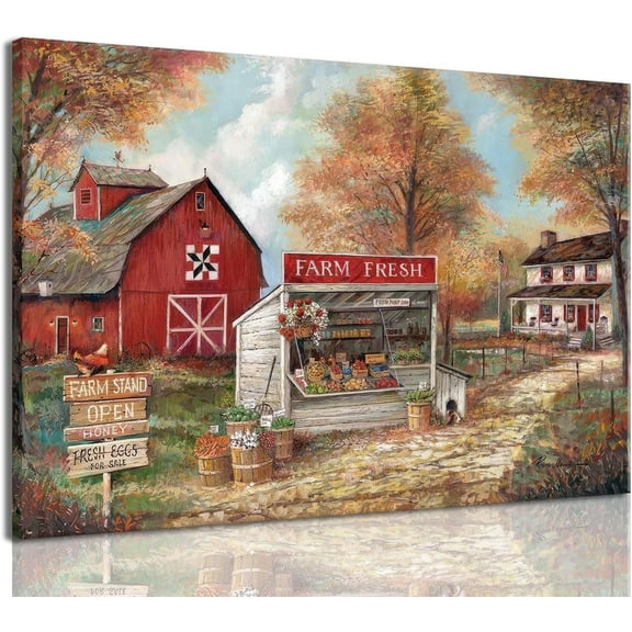 Rustic Farmhouse Wall Art Beautiful Field Painting Pictures Decor Wildflower Barn Canvas Prints Nature Scenery French Countryside Poster for Bathroom Bedroom Living Room Wall Decor 12x16in Framed