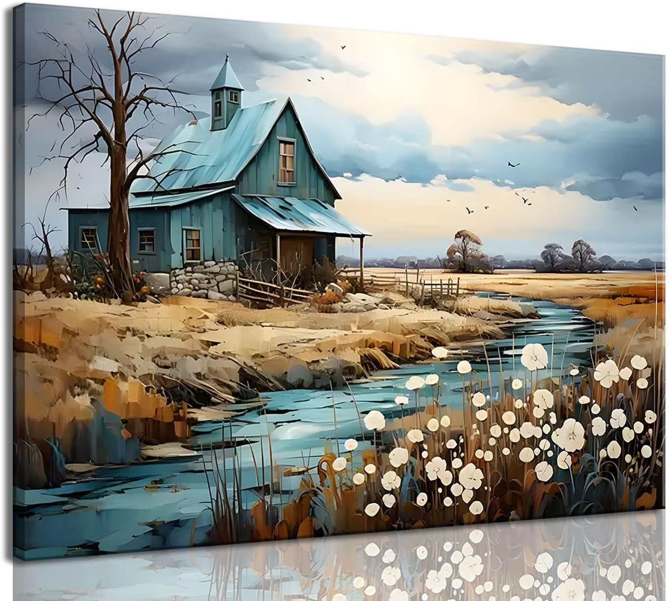 Rustic Farmhouse Wall Art Beautiful Field Painting Pictures Decor  Wildflower Barn Canvas Prints Nature Scenery French Countryside Poster for  Bathroom ..., image size:1314x1180