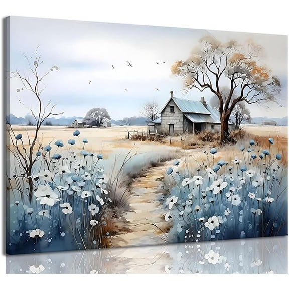 Rustic Farmhouse Wall Art Beautiful Field Painting Pictures Decor Wildflower Barn Canvas Prints Nature Scenery French Countryside Poster for Bathroom Bedroom Living Room Wall Decor 12x16in Framed