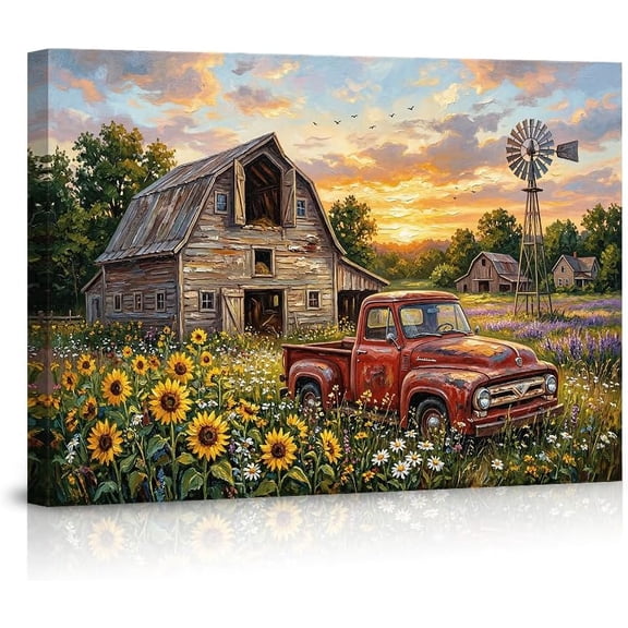 Rustic Farmhouse Wall Art Vintage Red Truck Canvas Print Sunflower Field Barn Landscape Painting Sunset Country Aesthetic Poster for Living Room Bedroom Home Decor