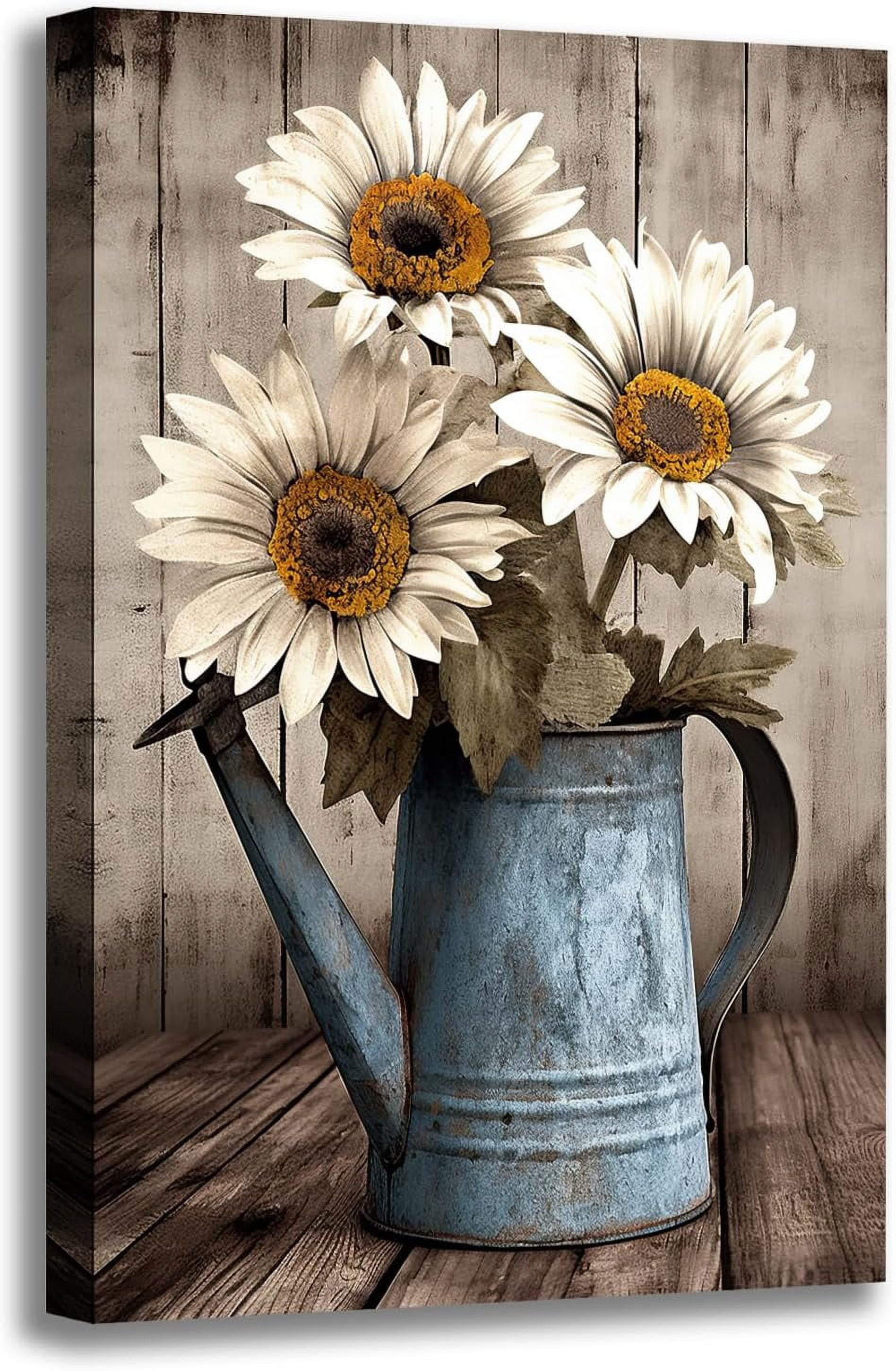 Rustic Farmhouse Wall Art Vintage White Sunflower Painting Wall Decor ...