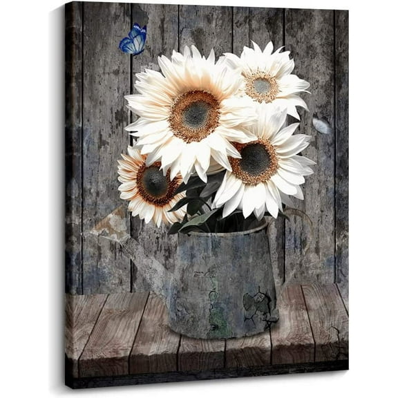 Rustic Farmhouse Wall Art White Flowers Painting Canvas Prints Wall Art Home Kitchen Vintage Sunflower Picture Decor for Bedroom…
