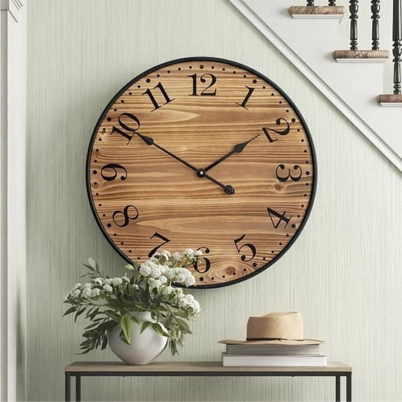 MODE HOME 24 Inch Large Farmhouse Wall Clock, Silent Non-Ticking Wood and Metal Decorative Clock, Rustic Dark Brown Round Wall Clock for Living Room, Kitchen, Bedroom