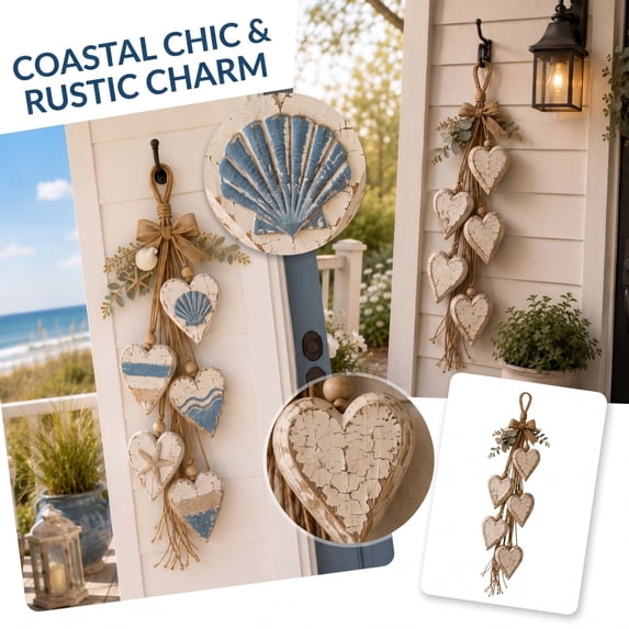 Rustic Farmhouse Wall Decor Five Heart Wall Decor Coastal Wall Art Gift for Beach House Owners Distressed Wooden Hanging Wall Decor for Beach House Decor Entryway Living Room (178