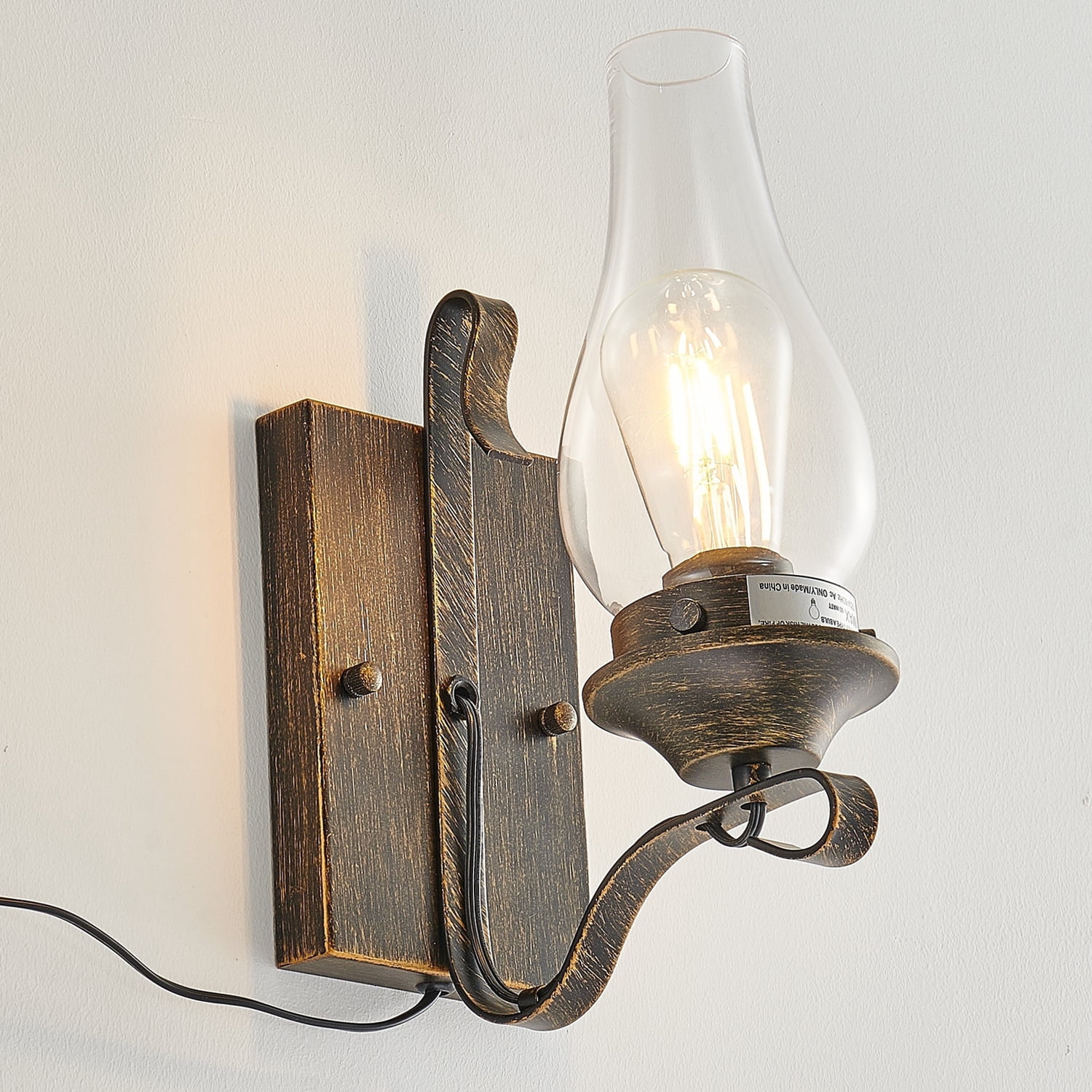 Rustic Farmhouse Wall Sconces Set of 2, Vintage Industrial Plug-in Wall Lights with Clear Glass ...