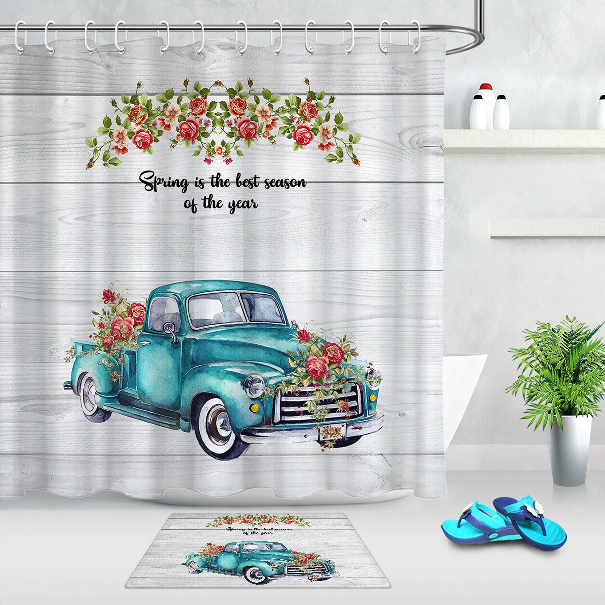 Rustic Farmhouse Watercolor Shower Curtain Vintage Truck Bathroom