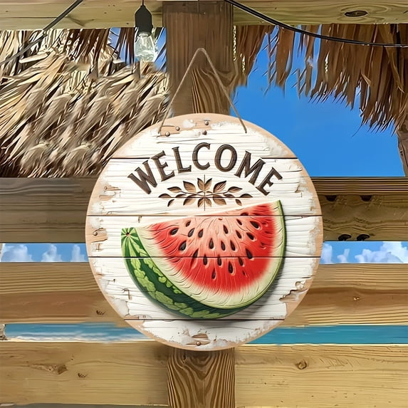 Rustic Farmhouse Watermelon Summer Wood Round Sign, 8 Inch Circle Wall Art for Front Door Porch Kitchen Home Decor, Hanging Wooden Pendant
