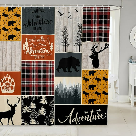 Rustic Farmhouse Waterproof Bathroom Curtains 72" W X 72" L, Retro Cabin Lodge Shower Curtain Woodland Bear Deer Bath Curtain Teens Adult, Vintage Checkered Buffalo Shower Stall Curtain