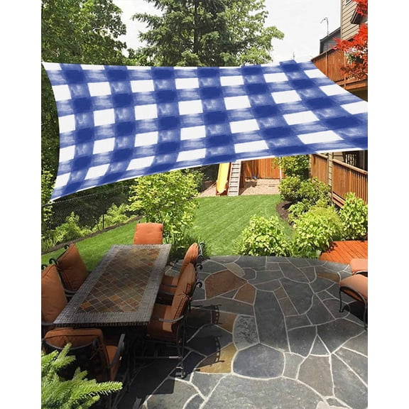 Rustic Farmhouse Waterproof Sun Shade Sail Indigo Blue Watercolor Lattice Outdoor Patio Sun Shades Canopy UV Block Waterproof Sunshade for Garden Backyard Deck Pergola 6.5x10 Ft
