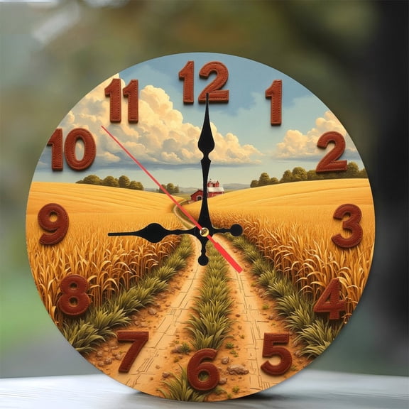 Rustic Farmhouse Wheat Field Wall Clock Decor 10-Inch Silent Wooden Wall Clock, Battery Operated (AA Batteries Not Included), Artistic Home Decor