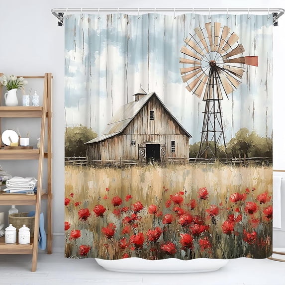 Rustic Farmhouse Windmill Shower Curtain Vintage Western Farm Barn Red Flowers Meadow Teal Wooden Plank American Country Landscape Bathroom Decor Fabric Curtain with Hooks-72"W x 72"L (Pack of 1)
