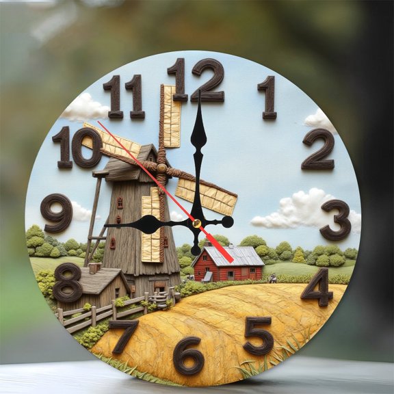Rustic Farmhouse Windmill Wall Clock Relief Art 10-Inch Silent Wooden Wall Clock, Battery Operated (AA Batteries Not Included), Artistic Home Decor