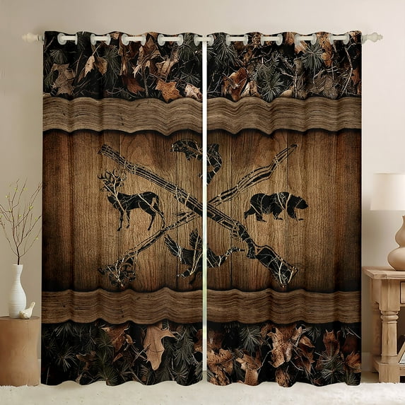 Rustic Farmhouse Window Curtains Retro Camo Cabin Lodge 30%-50% Blackout Curtains 38"Wx54"L Hunting And Fishing Curtains & Drapes Men Wildlife Bear Deer Fish Duck Curtains 2 Panels