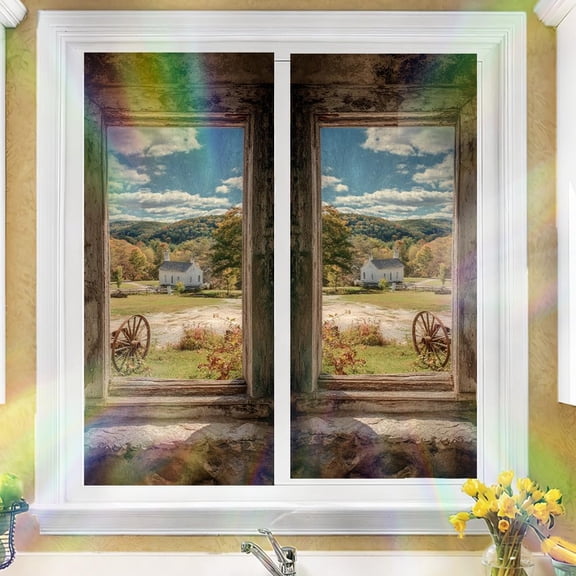 Rustic Farmhouse Window Film Privacy Cling 17.32 x 39.37 Inch, Static Cling No-Glue Stained Glass Style Country Scene, Removable Reusable Window Cover for Bathroom Kitchen Front Door Glass
