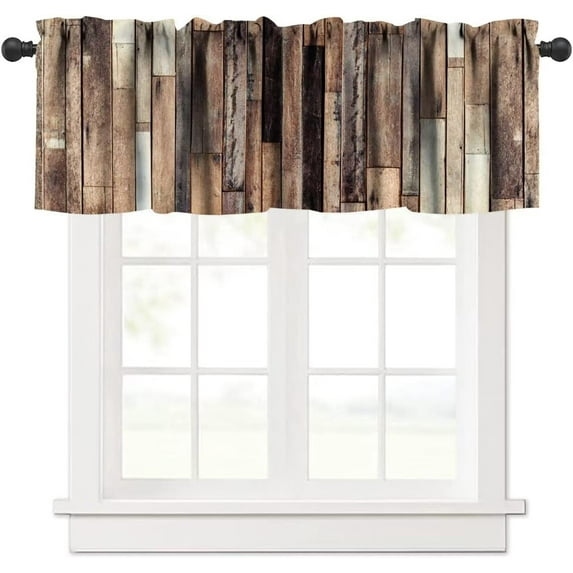 Rustic Farmhouse Window Valance, Wood Barn Door Vintage Brown Wooden Antique Texture Print Blackout Short Curtain for Kitchen Bedroom Living Room, 54x18in