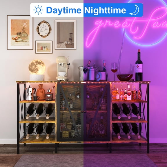 Rustic Farmhouse Wine Bar Cabinet with LED Light Industrial Sideboard Buffet, Wine Rack, Glass Holder, Metal Mesh Door, Storage for Living Room, Freestanding Liquor Cabinet, 55 Inch, Brown