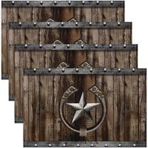 Rustic Farmhouse Wipeable Placemats, Rusty Horseshoe Texas Star Placemats, Brown Western Country Cabin Place Mats Scratch Proof for Dining Table, Old Barn Door Waterproof Table Mats, 12x18 Set of 4