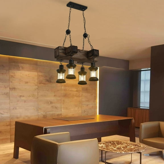 Rustic Farmhouse Wood Pendant Light, 4-Light Antique Lantern Chandelier with Adjustable Chain, Metal & Wood Hanging Ceiling Light Fixture for Kitchen Island, Dining Room, Bar, Caf