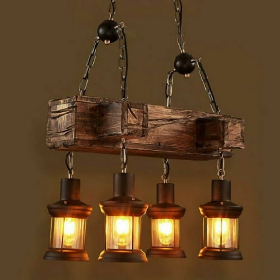 Rustic Farmhouse Wood Pendant Light, 4-Light Antique Lantern Chandelier with Adjustable Chain, Metal & Wood Hanging Ceiling Light Fixture for Kitchen Island, Dining Room, Bar, Caf