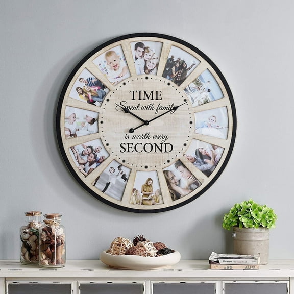 MODE HOME Rustic Farmhouse Wood Wall Clock with 12 Photo Collage, Large Oversized Wall Clock for Home, Kitchen, Living Room, Silent Battery Powered 24 inch Natural