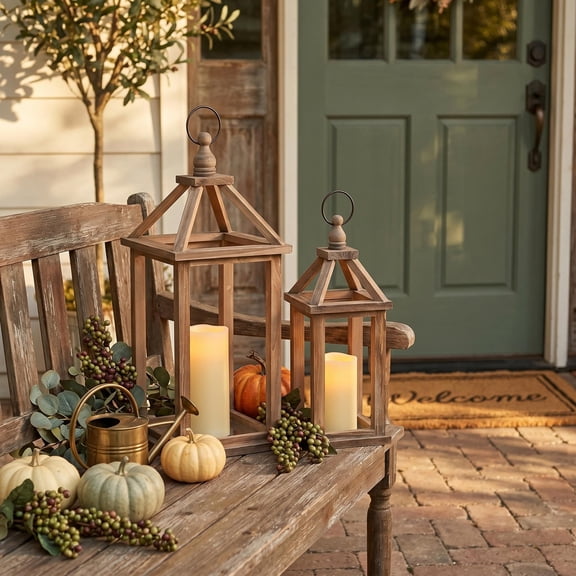 Rustic Farmhouse Wooden Candle Lantern Set  12 & 16 Inch Vintage Pine Holders with Hanging Ring for Indoor Outdoor, Wedding, Patio  Weathered Natural Wood