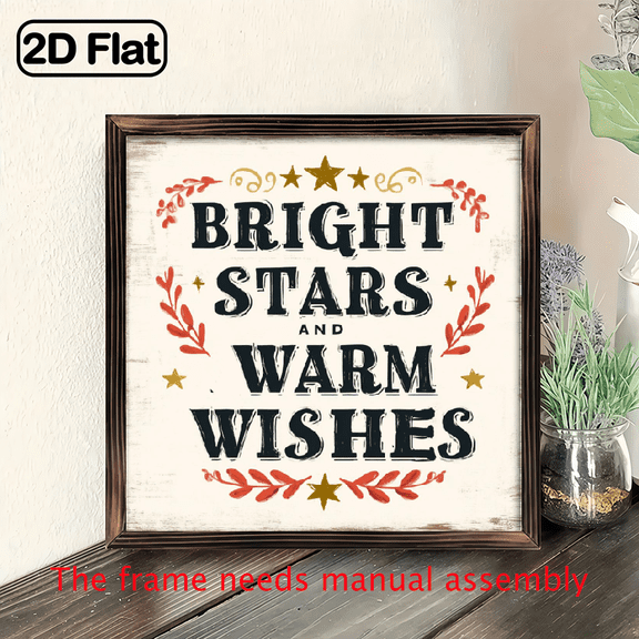 Rustic Farmhouse Wooden Christmas Winter Decorative WallTabletop Sign - Bright Stars and Warm Wishes Frame with Cursive Lettering, 8x8 Inch Wood Material, Black Lettering, Easy Mou