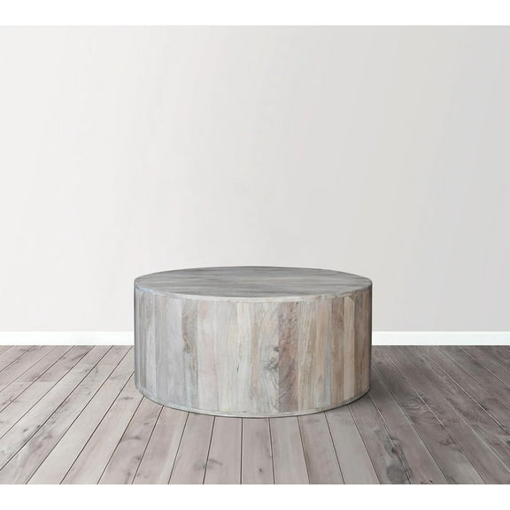 Rustic Farmhouse Wooden Drum Coffee Table, White Washed Wood, Classic Drum Shape