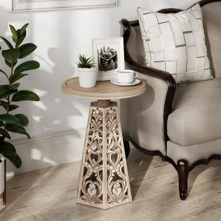 Rustic Farmhouse Wooden End Table, Distressed Round Accent Table with Intricate Carved Floral Patterns, Boho, for Living Room, Bedroom, or Entryway, Distressed Wood Color