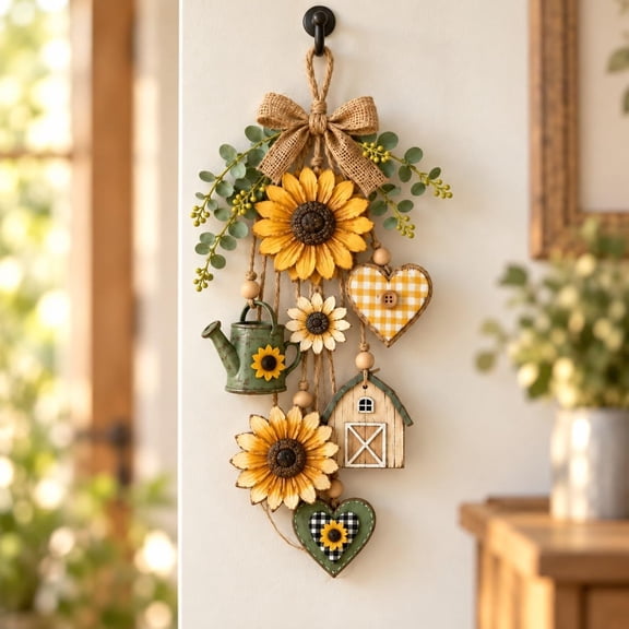 Rustic Farmhouse Wooden Fall Wall Hanging Decor with Remote Control LED Lights, Sunflower Barn Heart Ornament, Autumn Thanksgiving Front Door Home Decoration Housewarming Gift