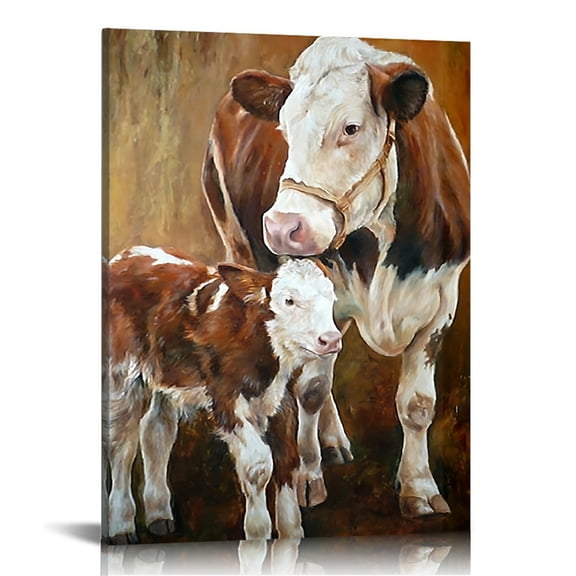 Rustic Farmhouse Wooden Framed Canvas Wall Art Print - Cow and Calf Tender Moment Wall Decor for Living Room, Bedroom, Kitchen - Ideal for Single Party, Office, Christmas Gift