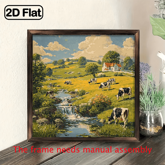 Rustic Farmhouse Wooden Wall Art - 8x8 Framed Cow Pasture Landscape Painting with Black Frame, Vintage Rural Farm Scene with Cows, Stream Wildflowers - Multi-Purpose Tabletop or Wall-Mountable D
