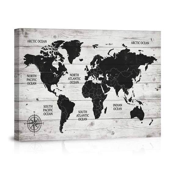 Rustic Farmhouse World Map Black White Ocean Compass Rose Global Poster, Eye Catching Botanical Theme For Bedroom And Gallery Wall Decor