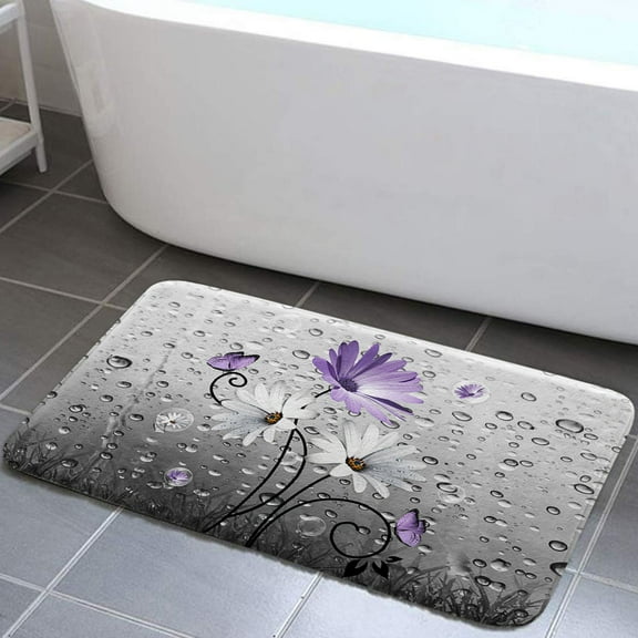 Rustic Farmhouse Yellow Floral Bath Rug, Farm Daisy Flowers and Butterfly Bathroom Rug, Country Yellow Gray Boho Mat Soft Non Slip Kitchen Rugs 19X31IN