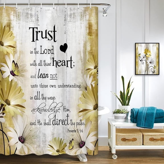 Rustic Farmhouse Yellow Shower Curtain Bible Verse Inspirational Shower Curtain Country Farm Bright Beige Daisy Flowers Butterfly Abstract Shower Curtain Set for Bathroom, 36X72IN