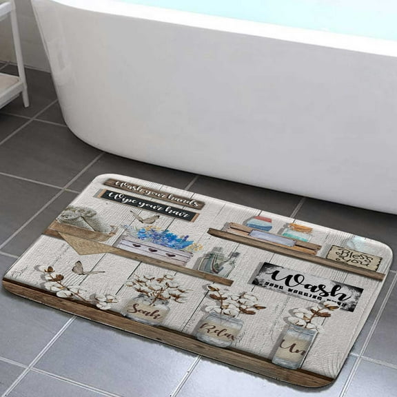 Rustic Farmhouse bath mats for bathroom non slip, Grey Country Bathroom Mat with Flower and Butterfly Wood bath Rugs Farmhouse for Kitchen Bedroom Indoor Decor 17x29in