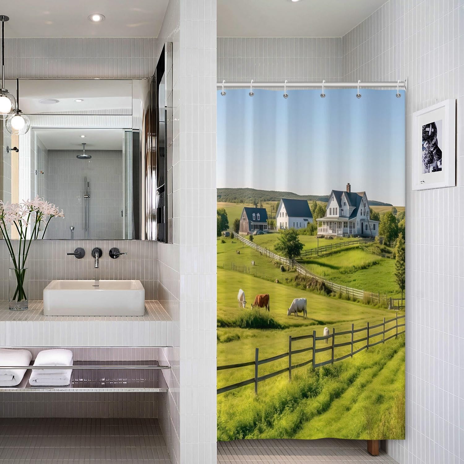 Rustic Farmland Bathroom Curtain Decor with Hooks for Bathroom Green Grassland Farmhouse Cow Rural Landscape Bathroom Curtains 36x72 Inch with Hooks Countryside Bathroom Shower Curtain Set