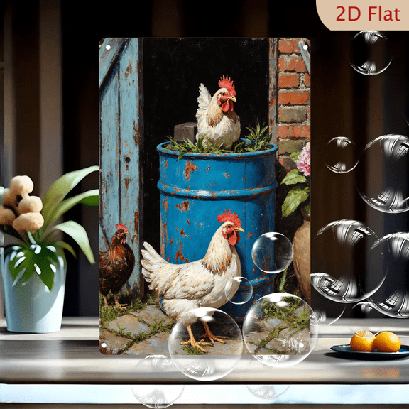 Rustic Farmyard Scene with Three Chickens, 8x12 inch Metal Wall Art Print Featuring White Hen, Rooster on Barrel, Blue Door and Brick Background for Kitchen or Barn Decor