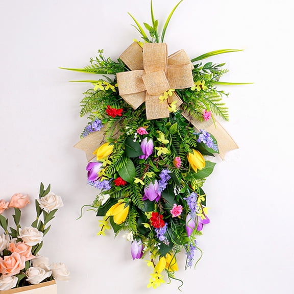Rustic Faux Floral Door Swag With Burlap Bow Realistic Spring Hanging Wreath Ideal For Front Door Porch Entryway Home Decor