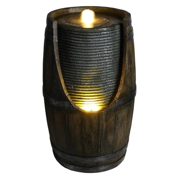 Rustic Faux Wood Barrel Outdoor Water Fountain with Built-In LED Lights & Circulating Pump, Multi-Functional Garden Bird Waterer Resin Water Feature for Patio Backyard Porch Yard