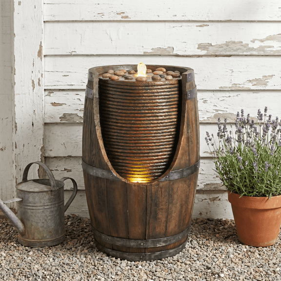Rustic Faux Wood Barrel Outdoor Water Fountain with Warm LED Lights, Weatherproof Resin Handmade Waterfall Garden Decor, Calming Circulating Water Feature for Patio Yard Porch Deck Cottage Landscapin