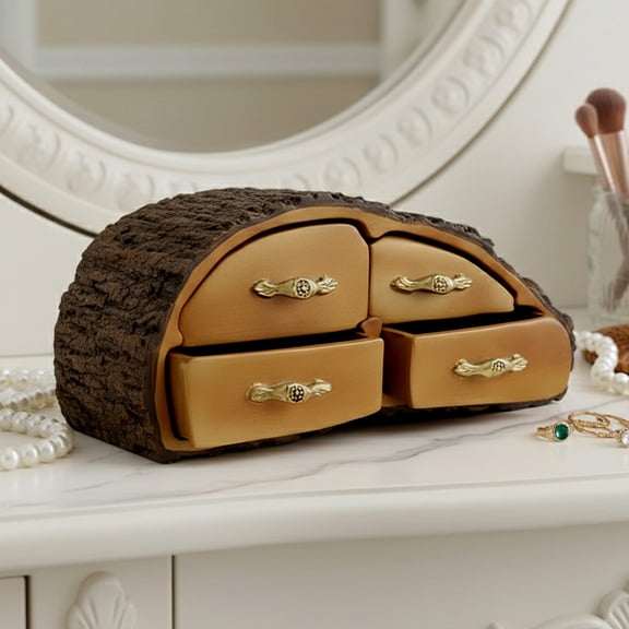 Rustic Faux Wood Log Storage Box with 4 Drawers, Miniature Tabletop Organizer and Resin Ornament Decor, 16.5cm x 7.5cm