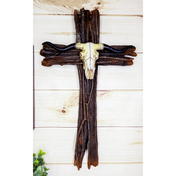 Rustic Faux Wood Logs Western Longhorn Bull Cow Skull Wall Cross Decor Plaque