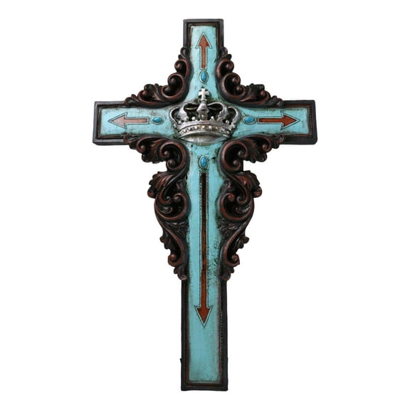 Rustic Faux Wood Turquoise Floral Scrollwork Arrows And King's Crown Wall Cross