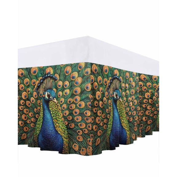 Rustic Feathered Bed Skirt Queen Size 16" Drop Peacock Animal Abstract Pattern Ruffled Wrap Around Bed Skirts Adjustable Elastic Bedskirt Dust Ruffle for Queen Size Bed