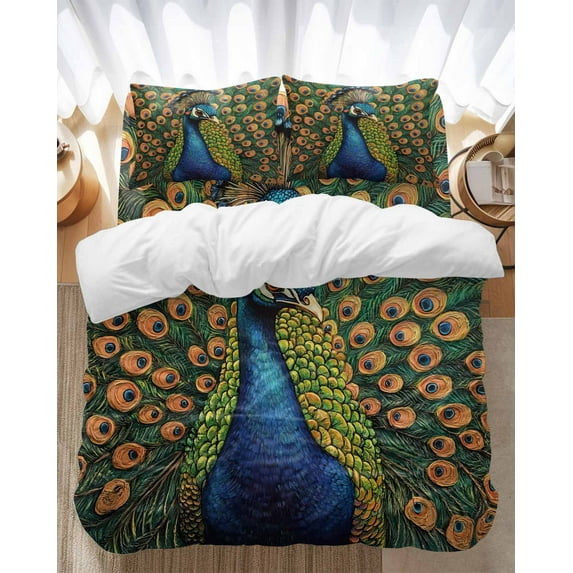 Rustic Feathered Bedding Duvet Cover Set King Size 4 Pieces Peacock Animal Abstract Pattern Bedding Set with Zipper Closure, 1 Comforter Cover 92x106 Inches 1 Flat Sheet & 2 Pillow Cases