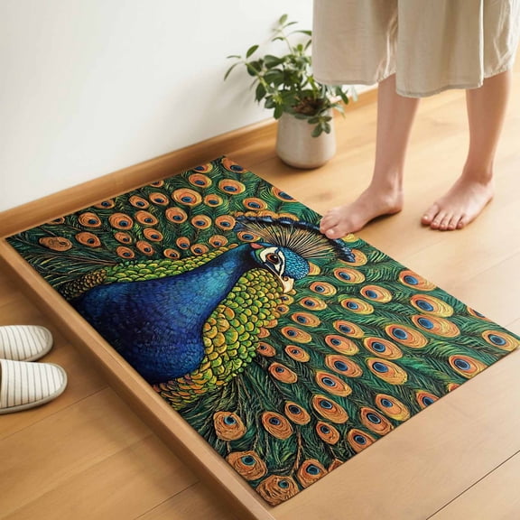 Rustic Feathered Door Mat 16x24 Inch Peacock Animal Abstract Pattern Entryway Rug with Non-Slip Rubber, Inside Floor Mats Front Door Rug for Living Room Bathroom Bedroom Home Office