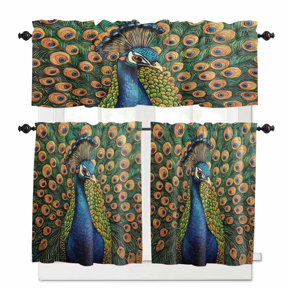 Rustic Feathered Kitchen Curtains Valance and Tier Set Peacock Animal Abstract Pattern Rod Pocket Short Curtains for Small Window 3 Pieces Set for Bedroom Bathroom Cafe (54" x 18"+27" x 24")