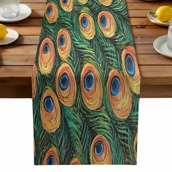 Rustic Feathered Table Runner, Peacock Animal Abstract Pattern Kitchen Table Runners Dress Scarves for Table Decorations Party/Restaurant/Indoor Outdoor Use, 13x108in